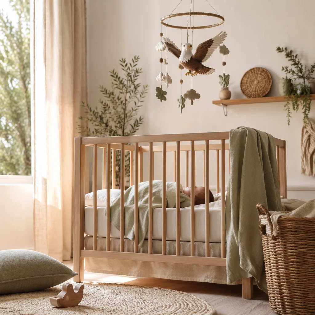 Soft pastel nursery with a sleeping baby and a subtle eagle mobile, inspired by the name Arnau.