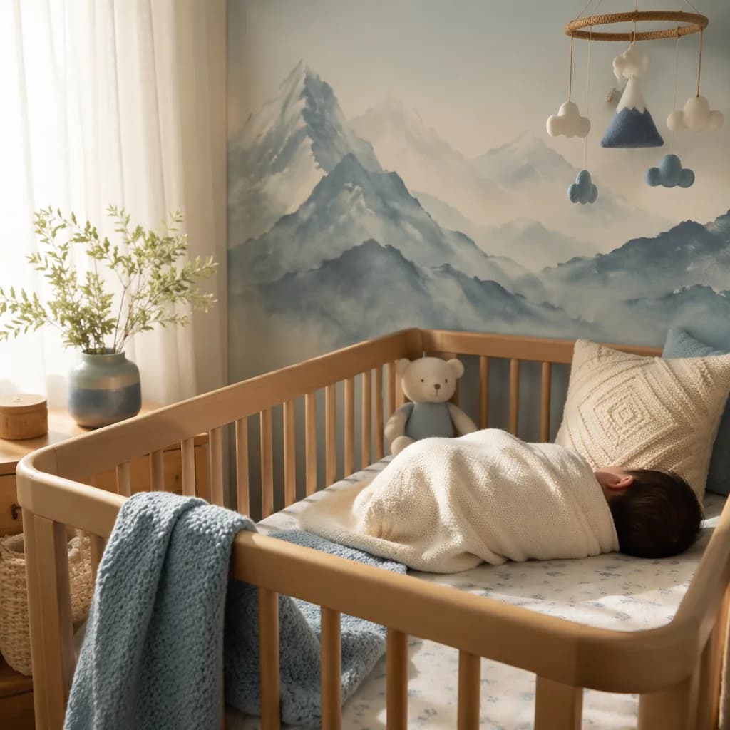 Sleeping baby in a soft nursery with ocean-blue and mountain-inspired decor.
