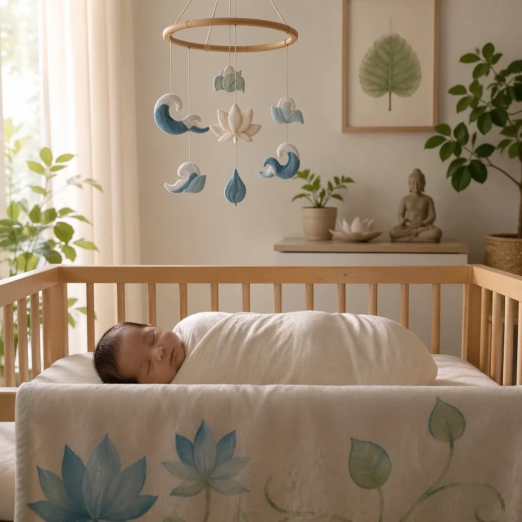 A serene pastel nursery with a swaddled sleeping baby, ocean and lotus-inspired decor.