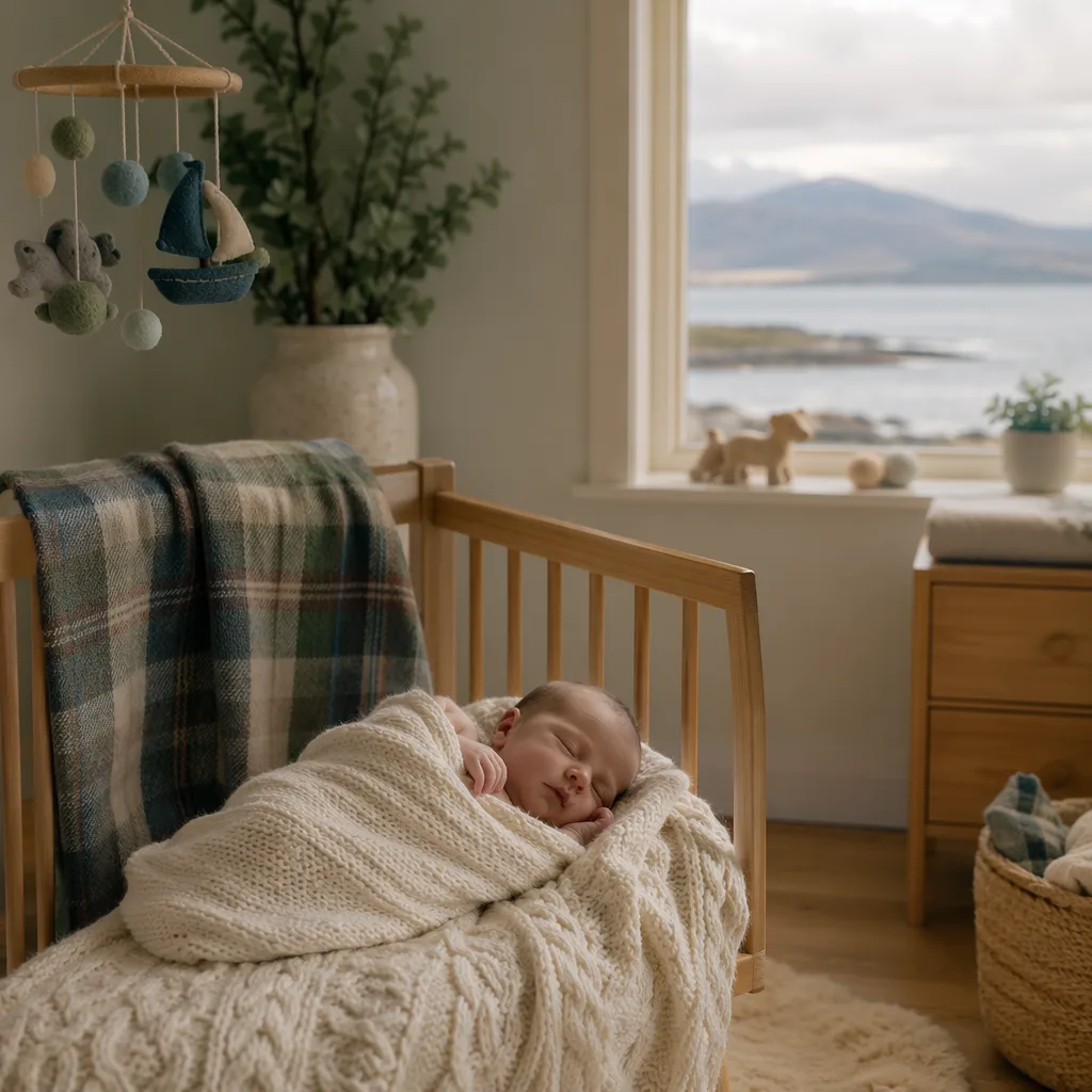 Sleeping baby in a cozy Scottish-inspired nursery with soft tartan accents and misty island light.