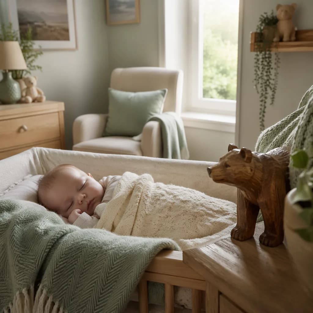 Cozy pastel nursery with a swaddled baby and wooden bear figurine inspired by the Irish name Art