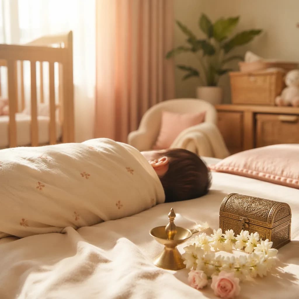 A softly lit Tamil-inspired nursery scene with a swaddled baby and symbolic flowers and keepsake box.