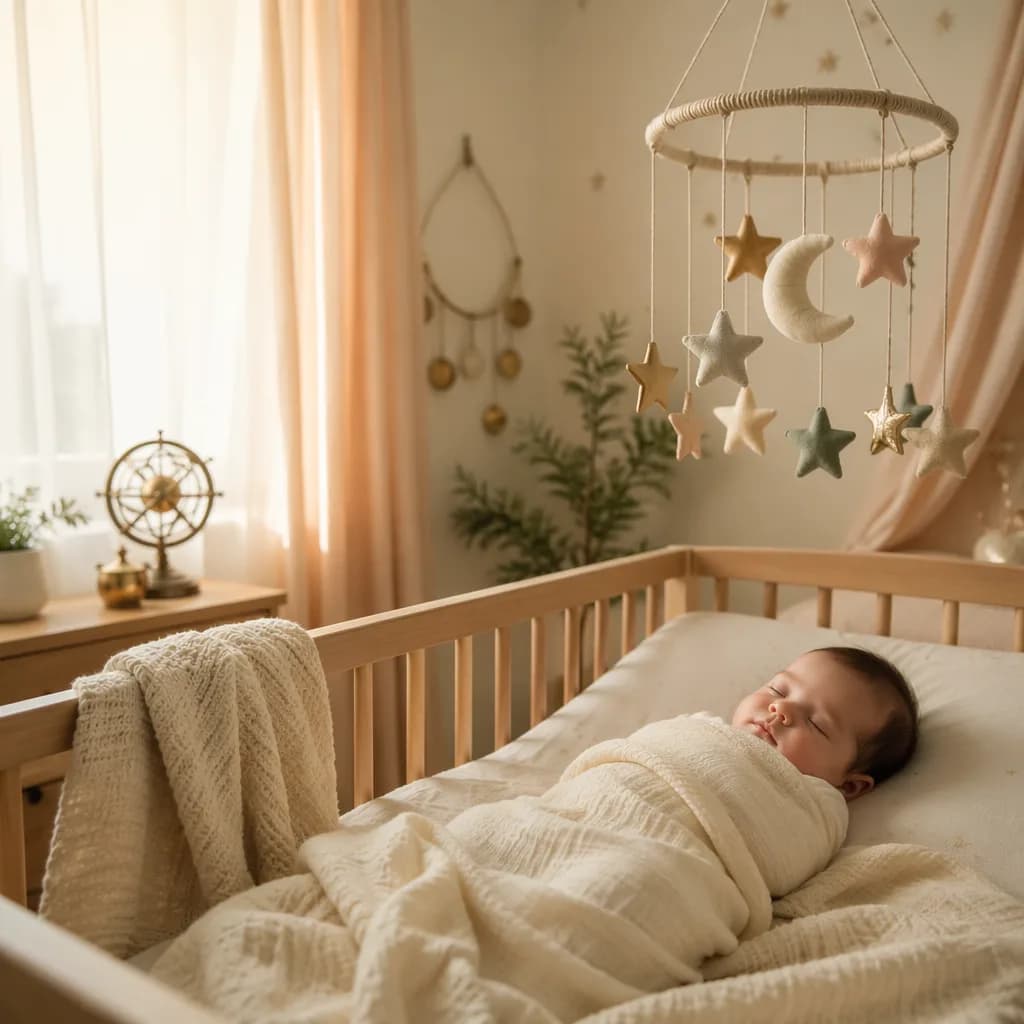 A peaceful newborn nursery with soft star-themed decor and warm morning light.