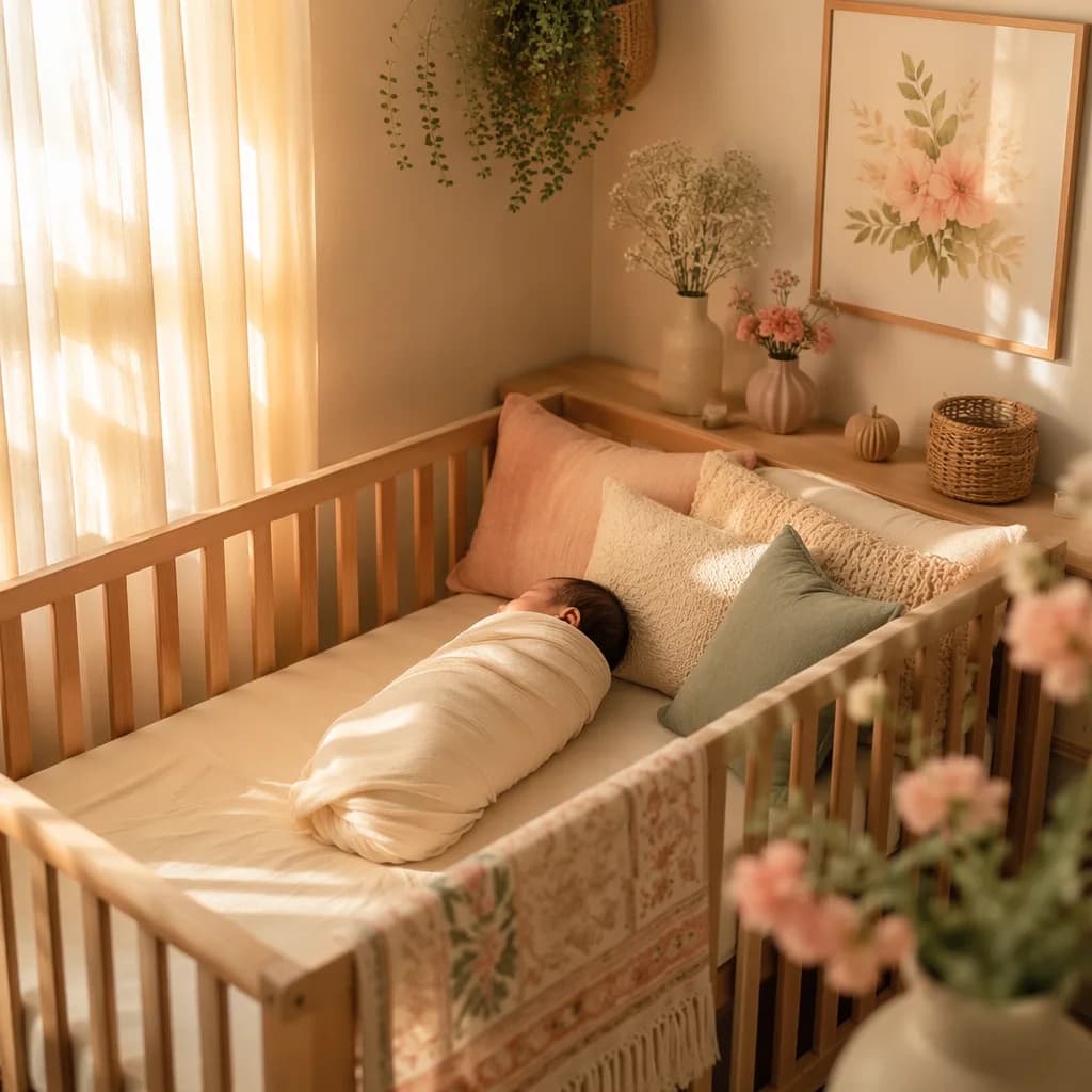 A softly lit pastel nursery with a swaddled newborn in warm dawn light.