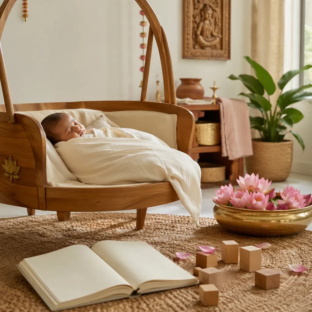 A peaceful baby sleeping in a warm pastel nursery with lotus flowers and soft natural light.