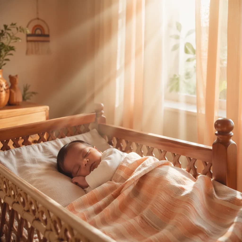 A peaceful newborn in a soft pastel nursery lit by gentle morning sunlight.
