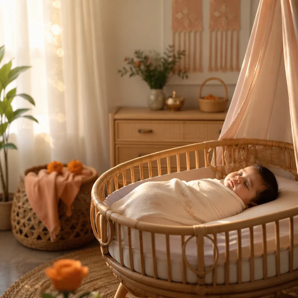 A softly lit cozy nursery with a swaddled sleeping baby and warm morning rays.