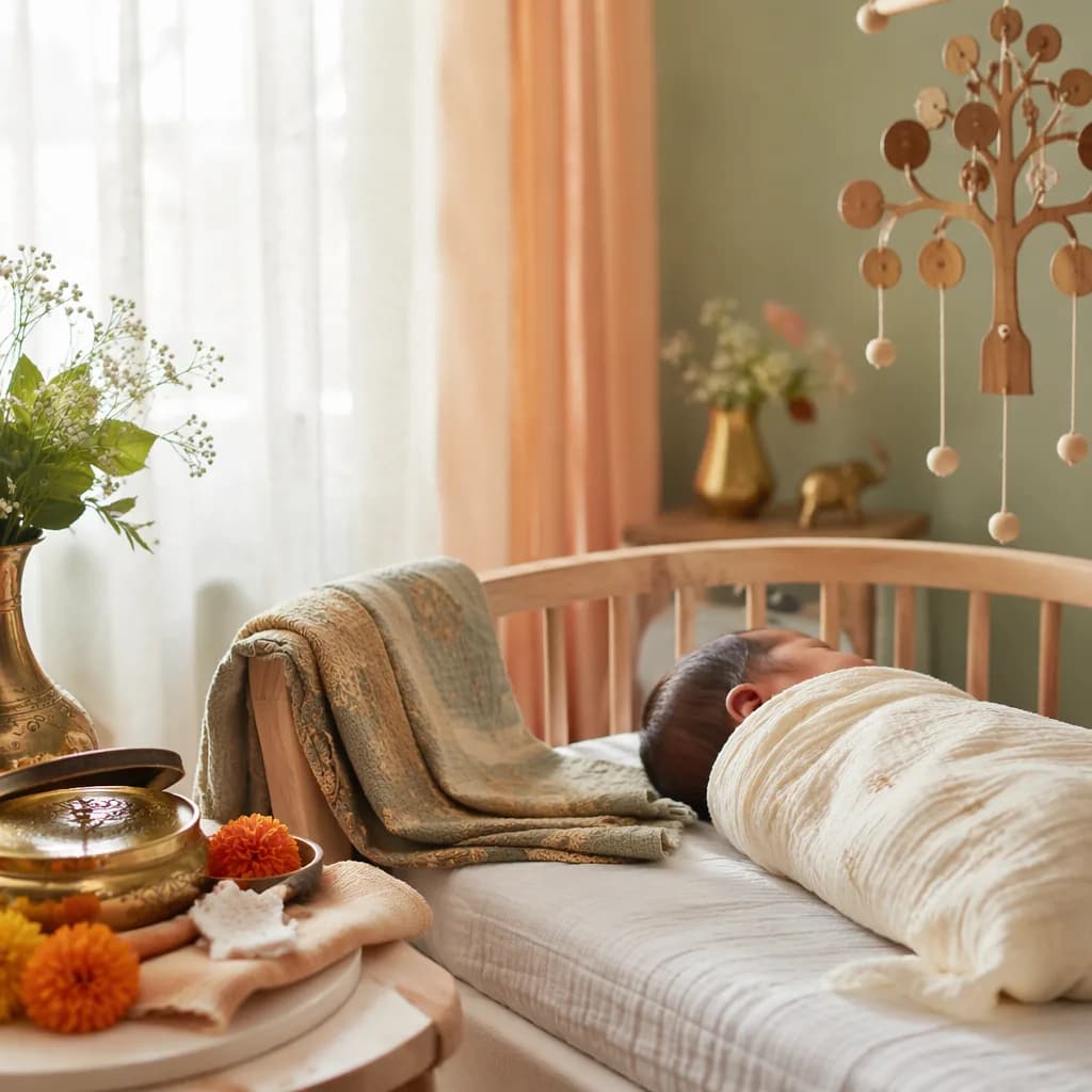 A softly lit modern nursery with a swaddled newborn and subtle Indian-inspired keepsakes.