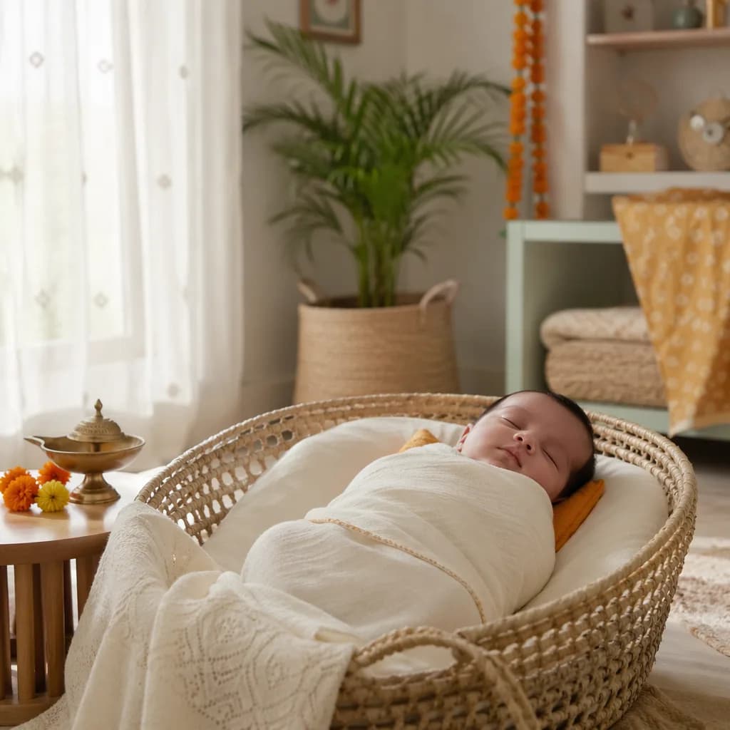 A peaceful swaddled baby in a warm pastel nursery with subtle Indian-inspired decor.