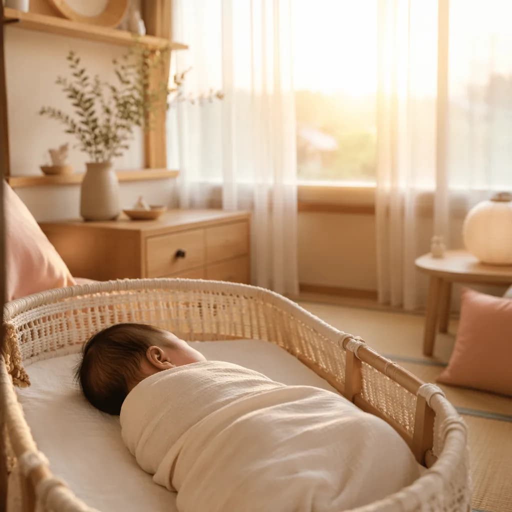 A sleeping newborn in a cozy nursery lit by soft morning sun.
