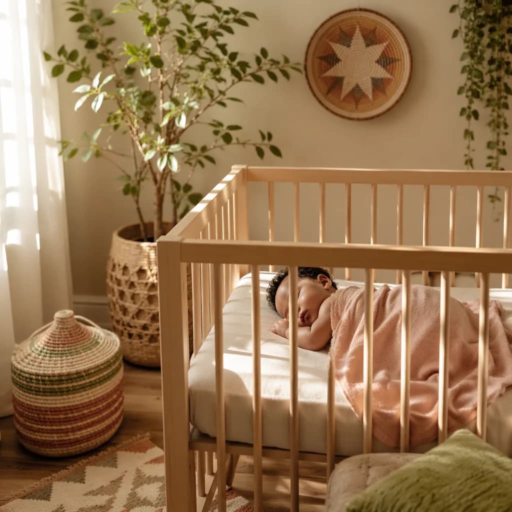 A peaceful baby nursery with a sleeping infant, soft pastels, woven accents, and warm natural light.