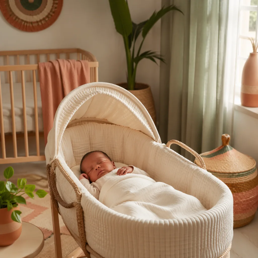 Sleeping newborn in a warm pastel nursery with soft woven accents and a small green plant.