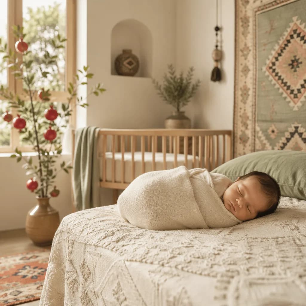 Sleeping baby in a softly lit Persian-inspired nursery with warm pastel decor.