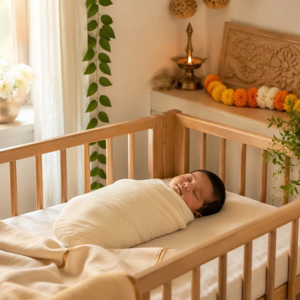 Sleeping Tamil baby in a soft pastel nursery with gentle South Indian-inspired accents.