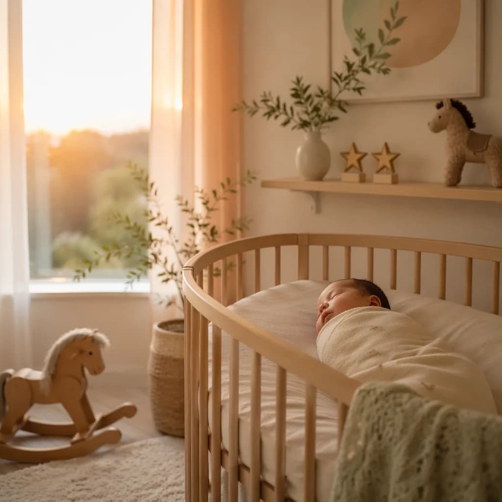 Soft sunrise nursery with a swaddled baby, wooden rocking horse, and twin star decor.
