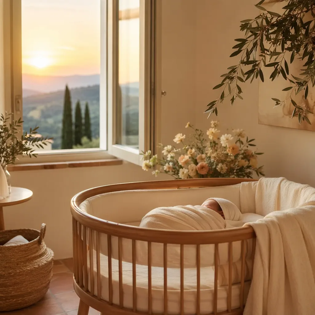 A softly lit Italian nursery with a swaddled sleeping baby, flowers, and a gentle sunrise glow.