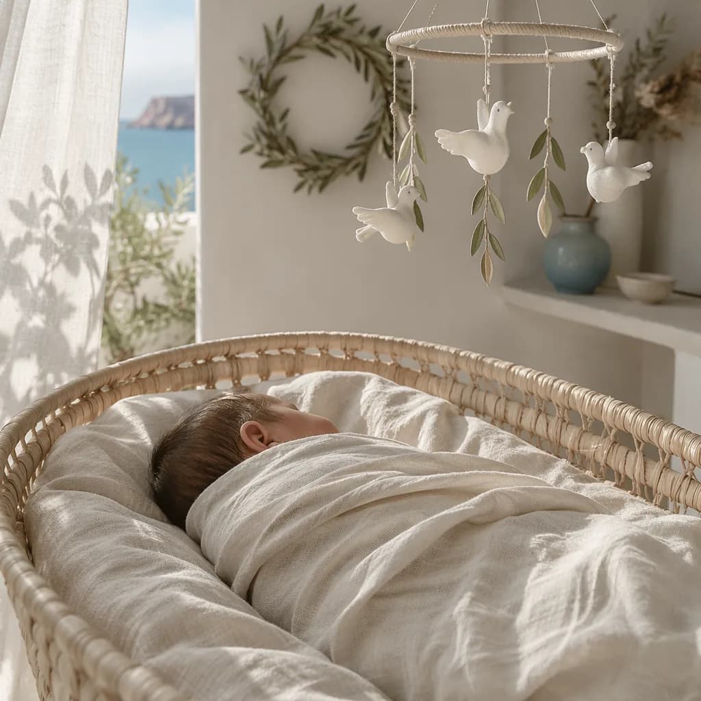 Peaceful Greek-inspired nursery with a swaddled baby, olive branches, and soft pastel light.