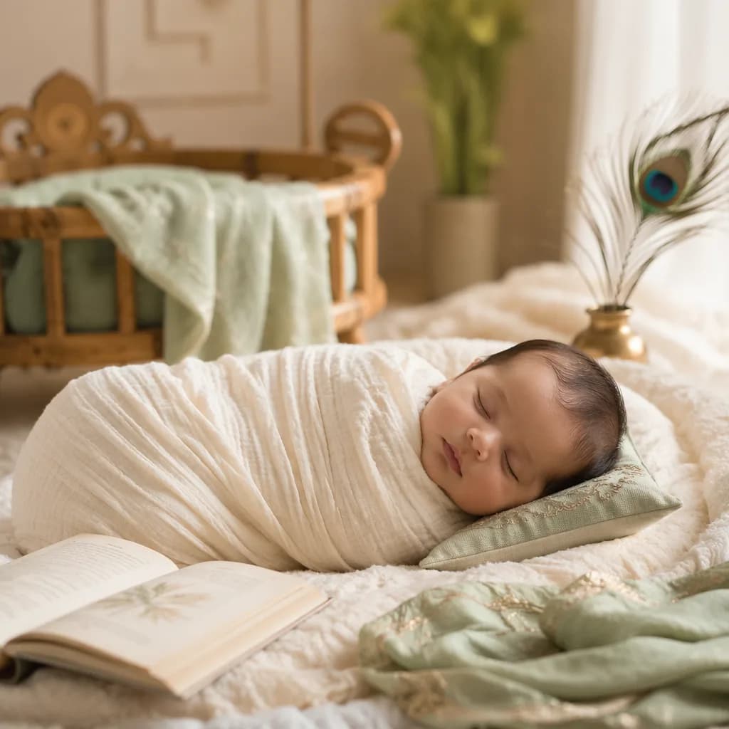 Sleeping baby in a soft pastel Indian nursery with peacock feather and book details.