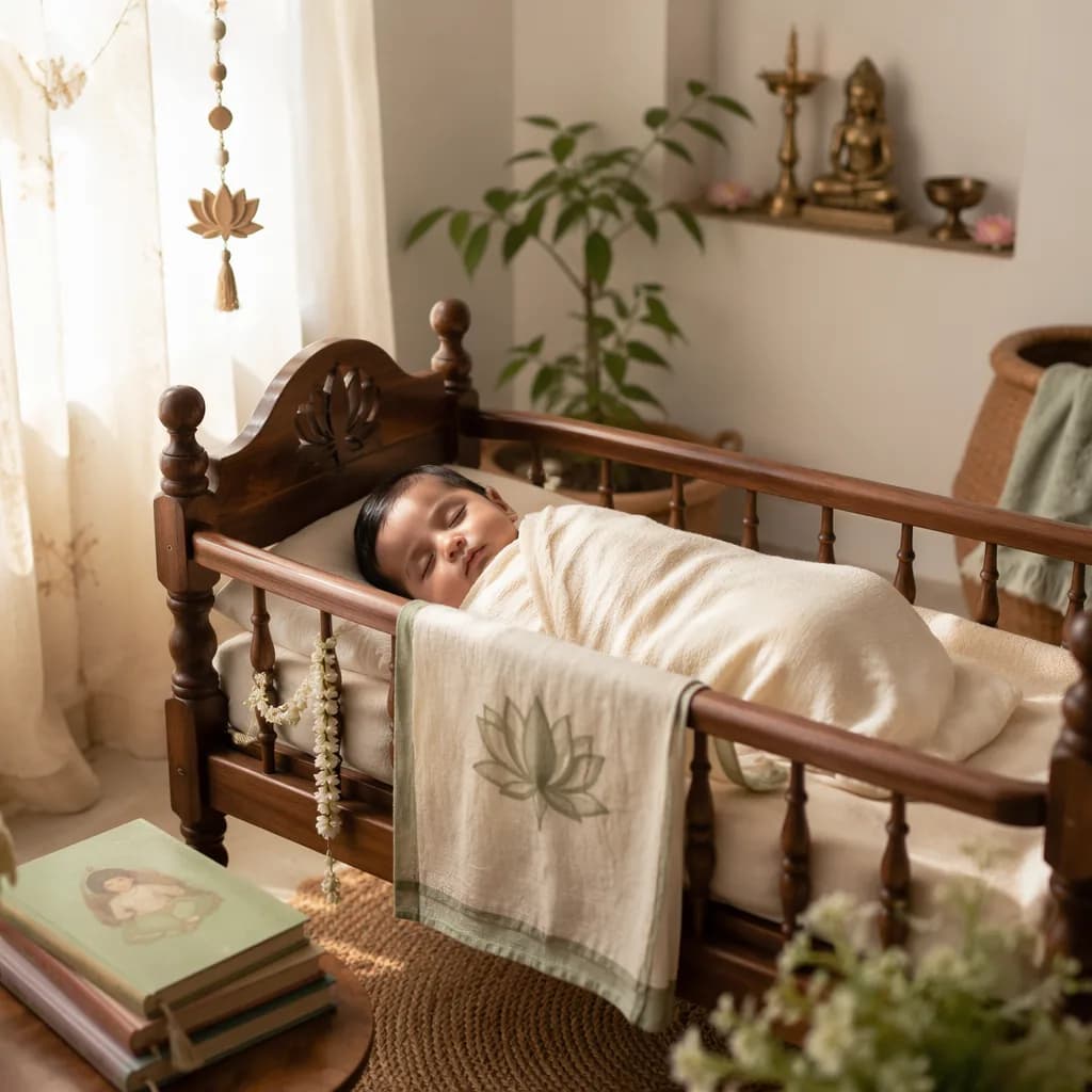 A serene pastel nursery with a swaddled sleeping baby, lotus accents, and warm natural light.