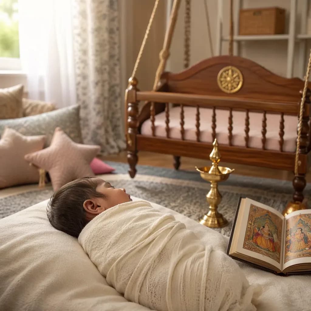 Peaceful Indian baby in a cozy pastel nursery with heritage-inspired details.
