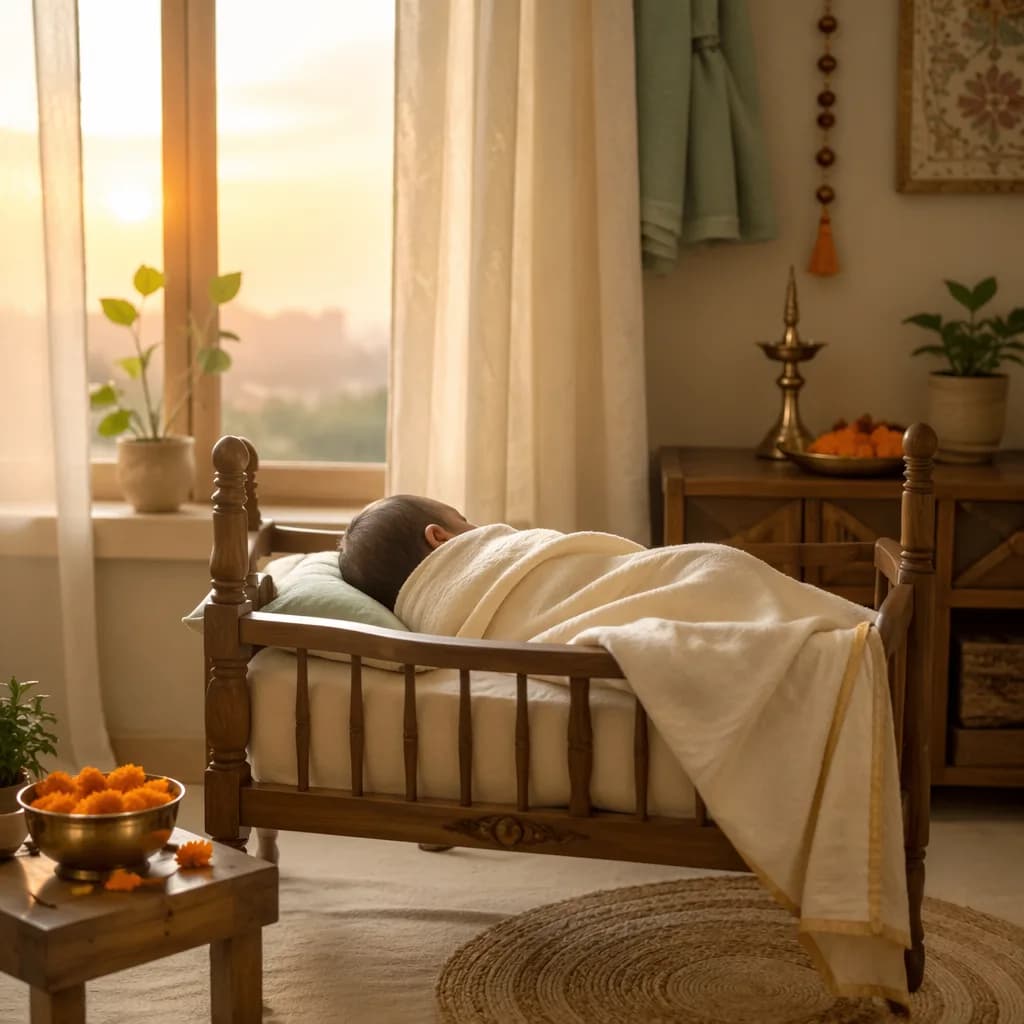 Sleeping newborn in a warm pastel nursery with subtle Sanskrit-inspired decor and sunrise light.