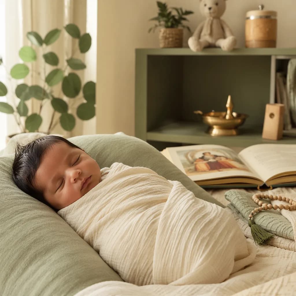A peaceful swaddled baby in a warm pastel nursery with gentle symbolic details of wisdom.