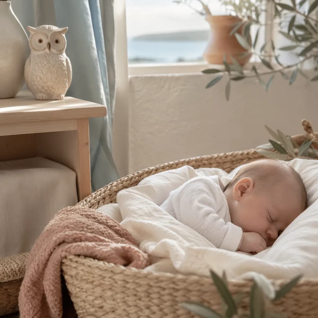 Soft Greek-inspired nursery scene with a sleeping baby, olive branch, and small owl figurine.