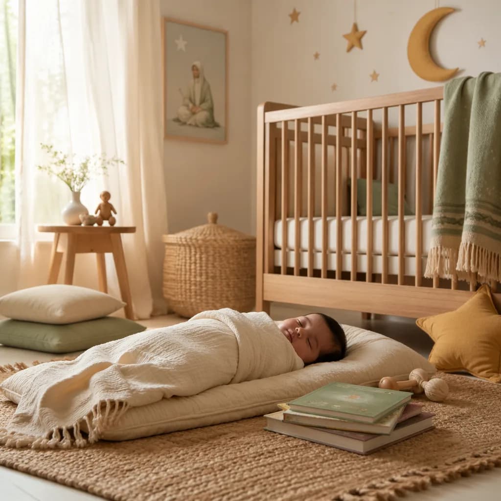 A peaceful pastel nursery with a sleeping baby, soft star details, and warm natural light.