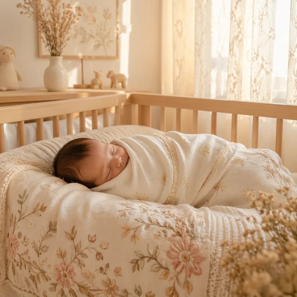 Sleeping newborn in a soft golden-lit pastel nursery with subtle Polish-inspired details.