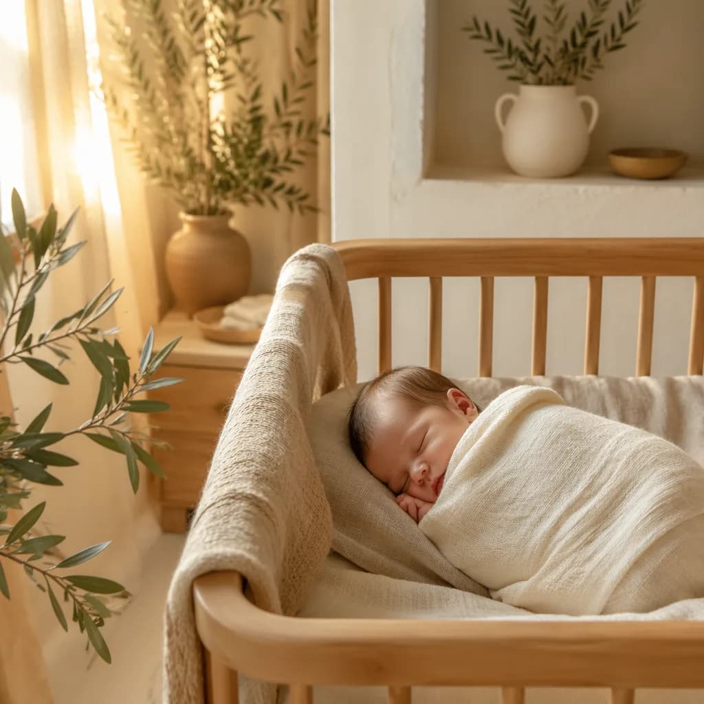 A swaddled baby in a cozy sunlit nursery with soft golden tones and Italian-inspired details.