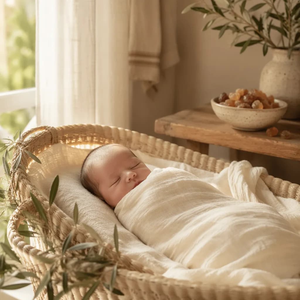 Peaceful swaddled newborn in a warm pastel nursery with olive branches and myrrh.