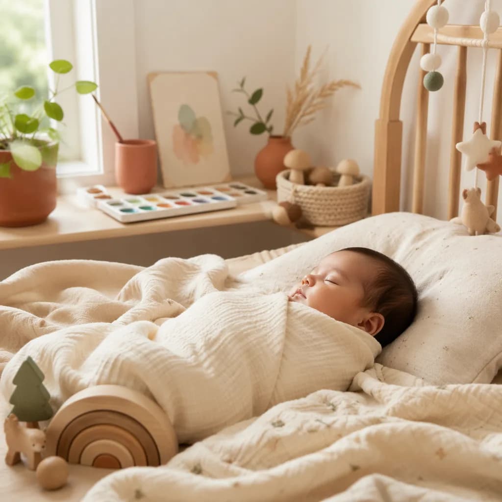 A softly lit cozy nursery with a sleeping baby, earthy decor, and a small watercolor brush.