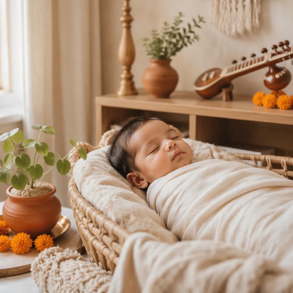 Sleeping baby in a warm pastel nursery with earthy Indian-inspired accents.