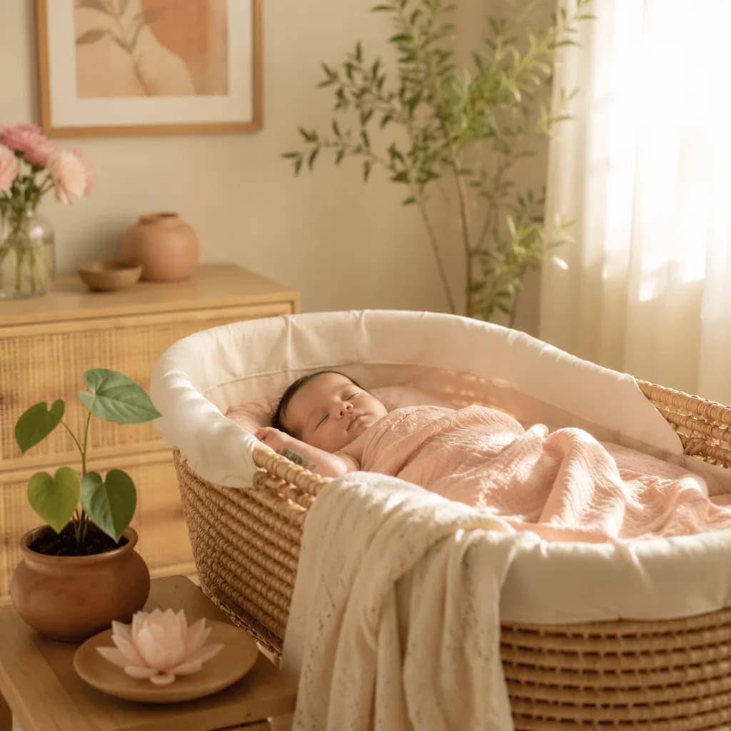 Soft pastel nursery with a sleeping baby and earthy lotus-inspired decor.