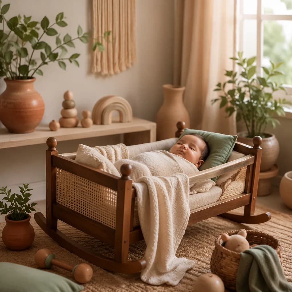 A serene pastel nursery with a swaddled baby, earthy textures, wooden toys, and soft natural light.