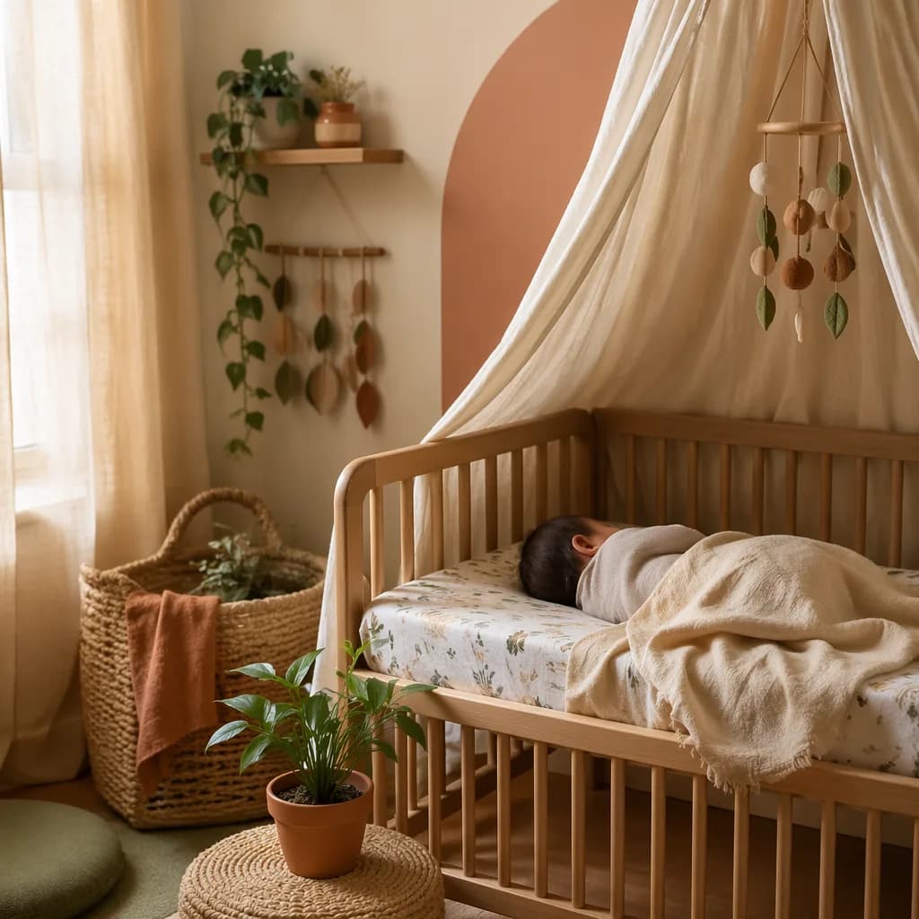 A serene earth-toned nursery with a swaddled baby resting under a soft protective canopy.