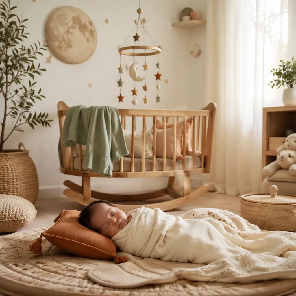 A serene nursery scene with a sleeping baby, earthy decor, and a star mobile.