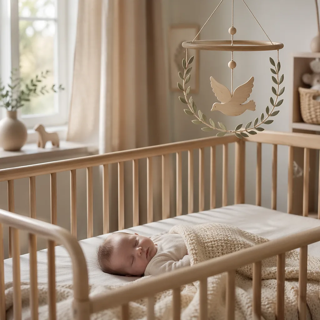 A peaceful Scandinavian nursery with a sleeping baby, soft linens, and a laurel-inspired mobile.