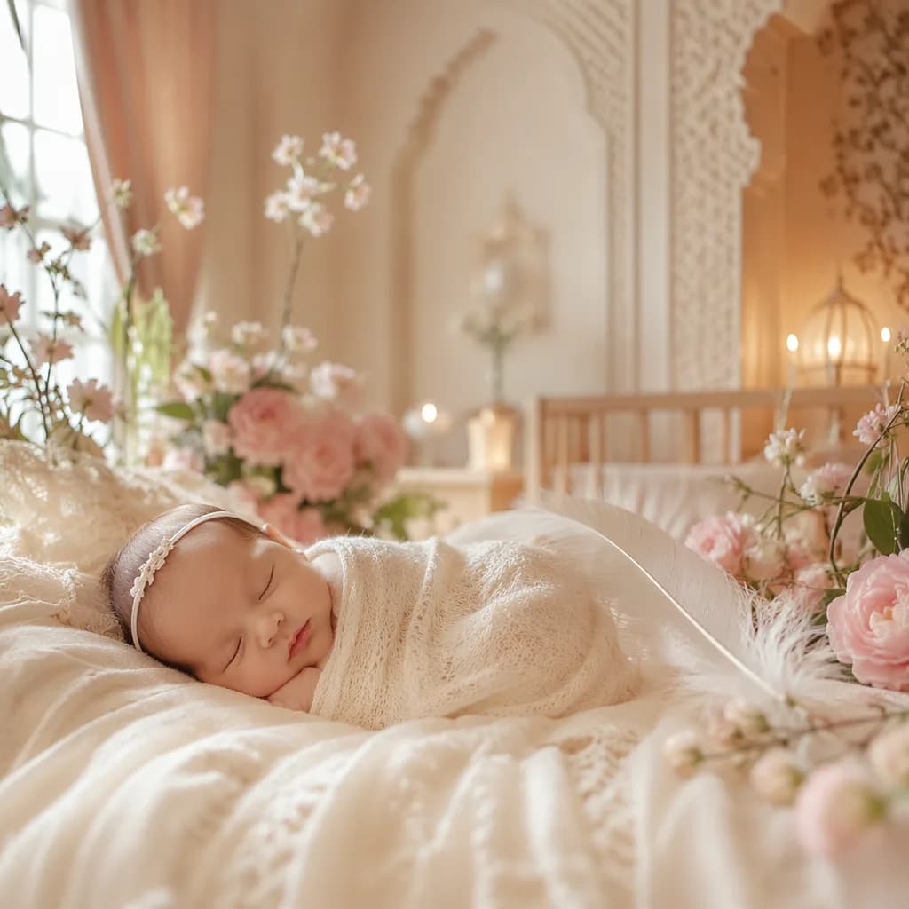 A peaceful swaddled newborn in a softly lit pastel nursery with delicate feathers and floral accents.