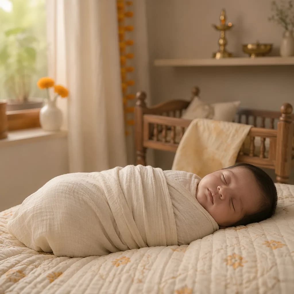 A peaceful swaddled baby in a warm pastel nursery with subtle Indian-inspired accents.