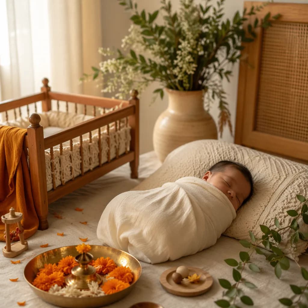 A serene pastel nursery with a swaddled newborn and gentle Indian-inspired floral accents.