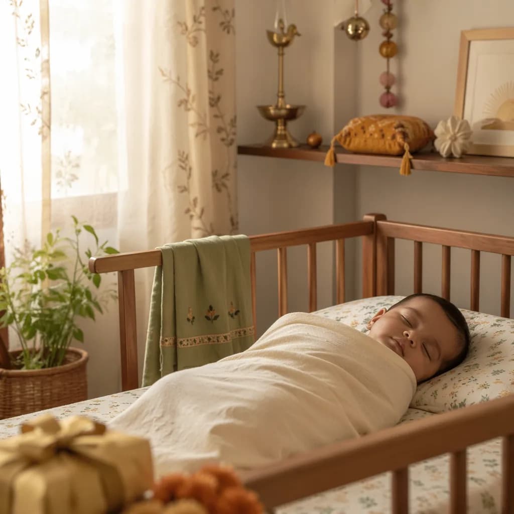 Peaceful baby in a soft pastel nursery with warm Indian-inspired decor.