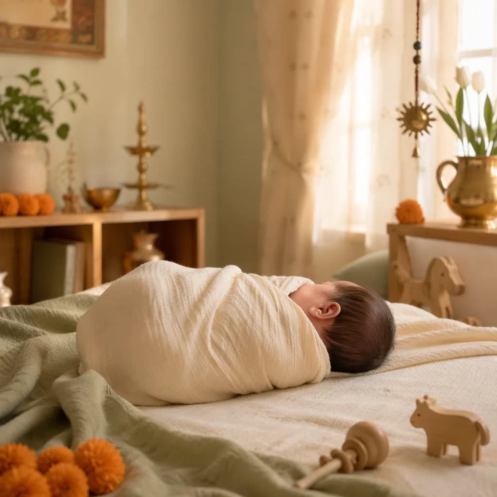 A peaceful newborn in a soft pastel nursery with gentle Indian-inspired accents.
