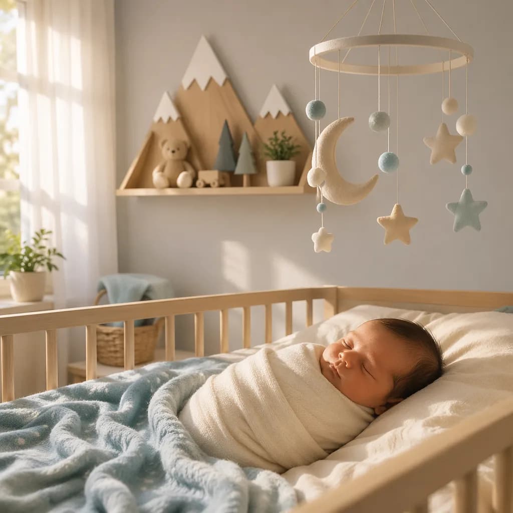 Sleeping newborn in a soft pastel nursery with crescent stars and mountain decor.