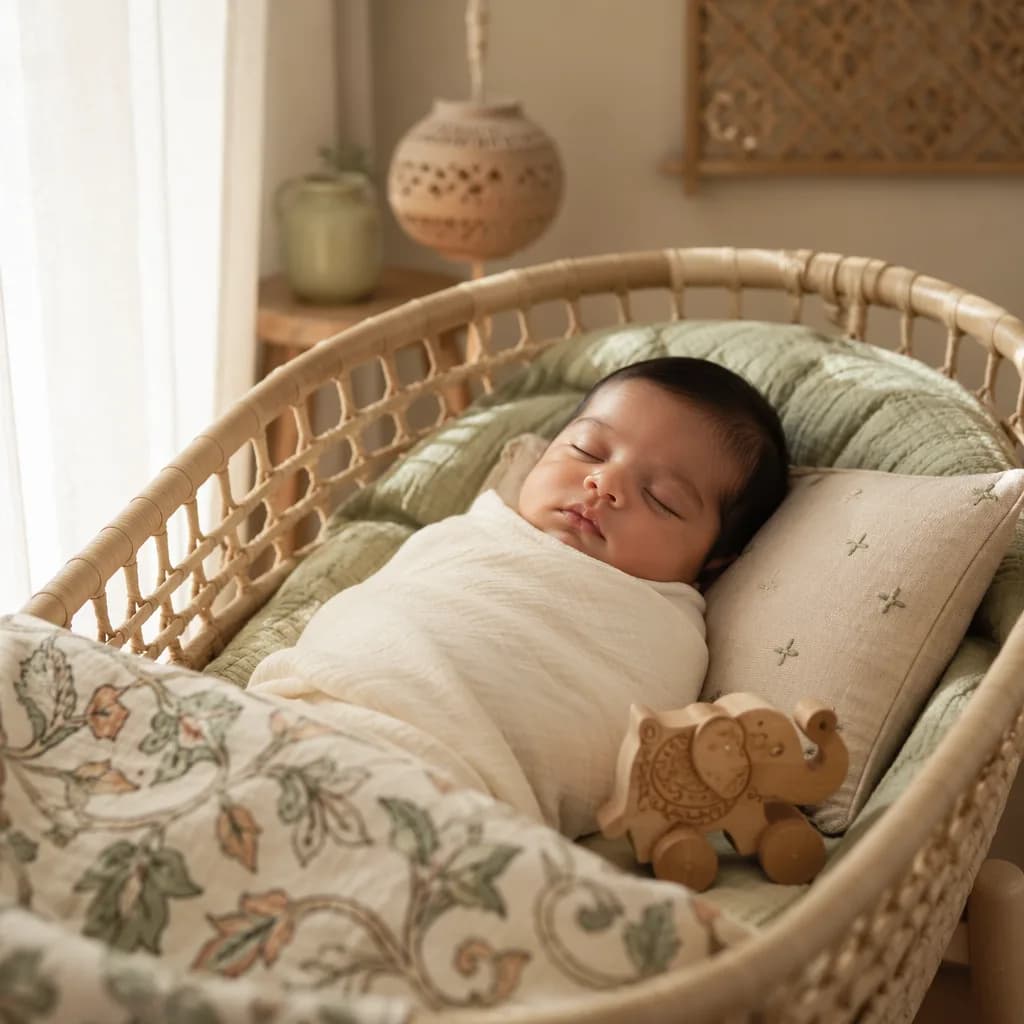 Peaceful newborn in a soft pastel nursery with cozy South Asian-inspired details.