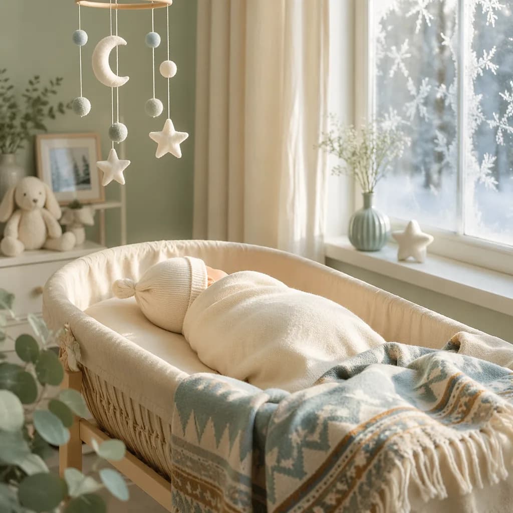Swaddled Turkish baby in a soft nursery with frosty window light and a moon-and-star mobile.