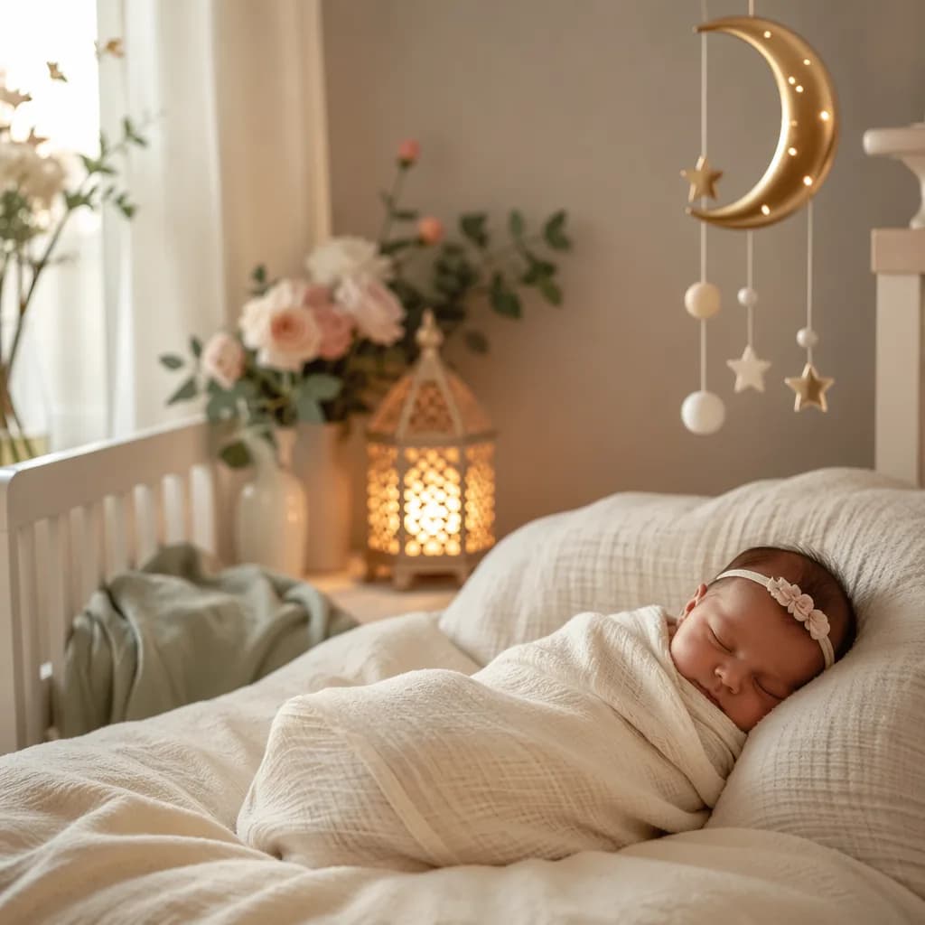 A cozy pastel nursery with a swaddled newborn, crescent moon mobile, and warm gentle light.