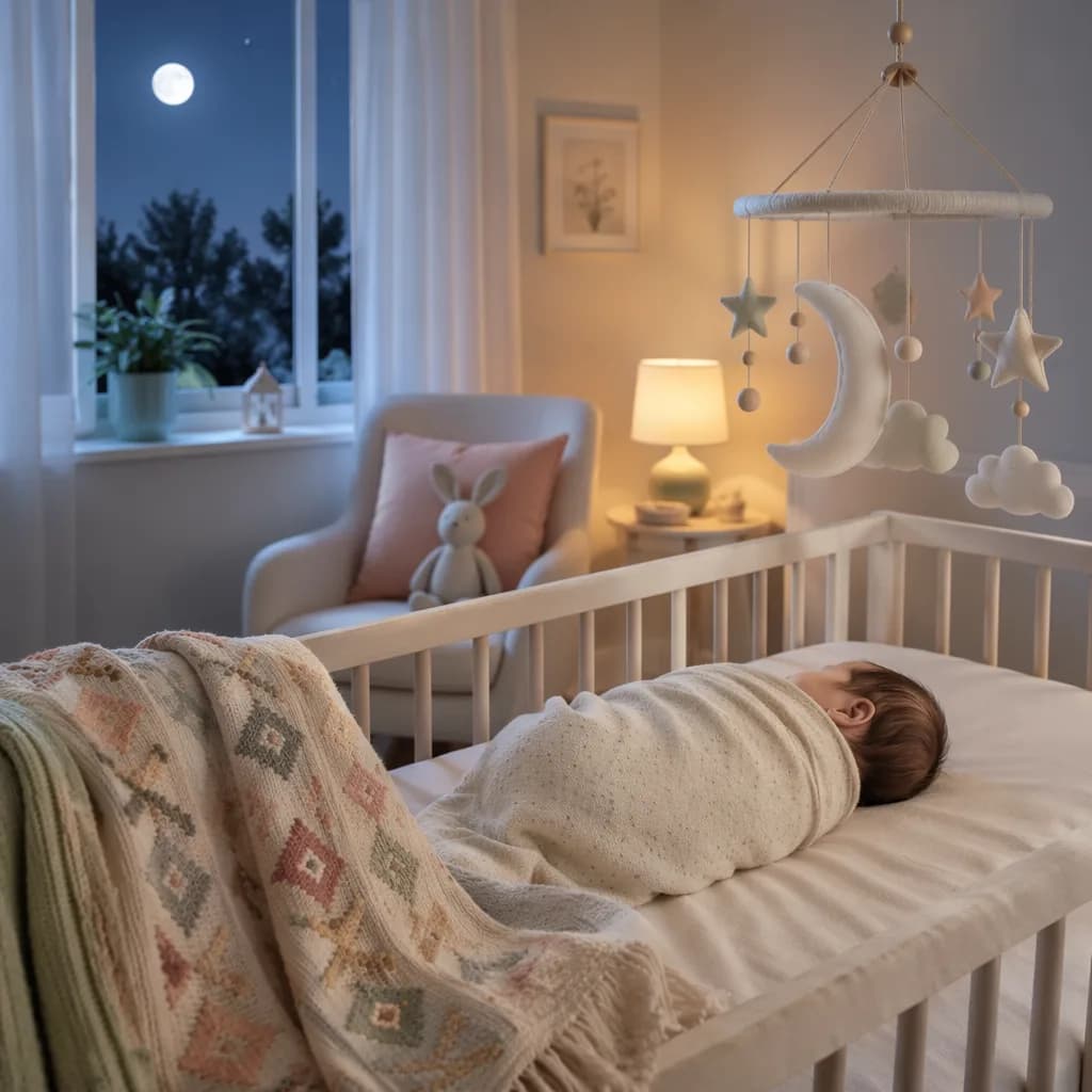 A softly lit nursery with a sleeping swaddled baby and crescent moon mobile.