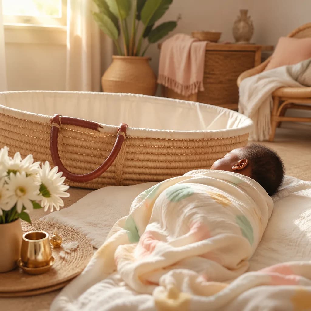 Peaceful Yoruba baby in a soft pastel nursery with warm natural light and woven details.