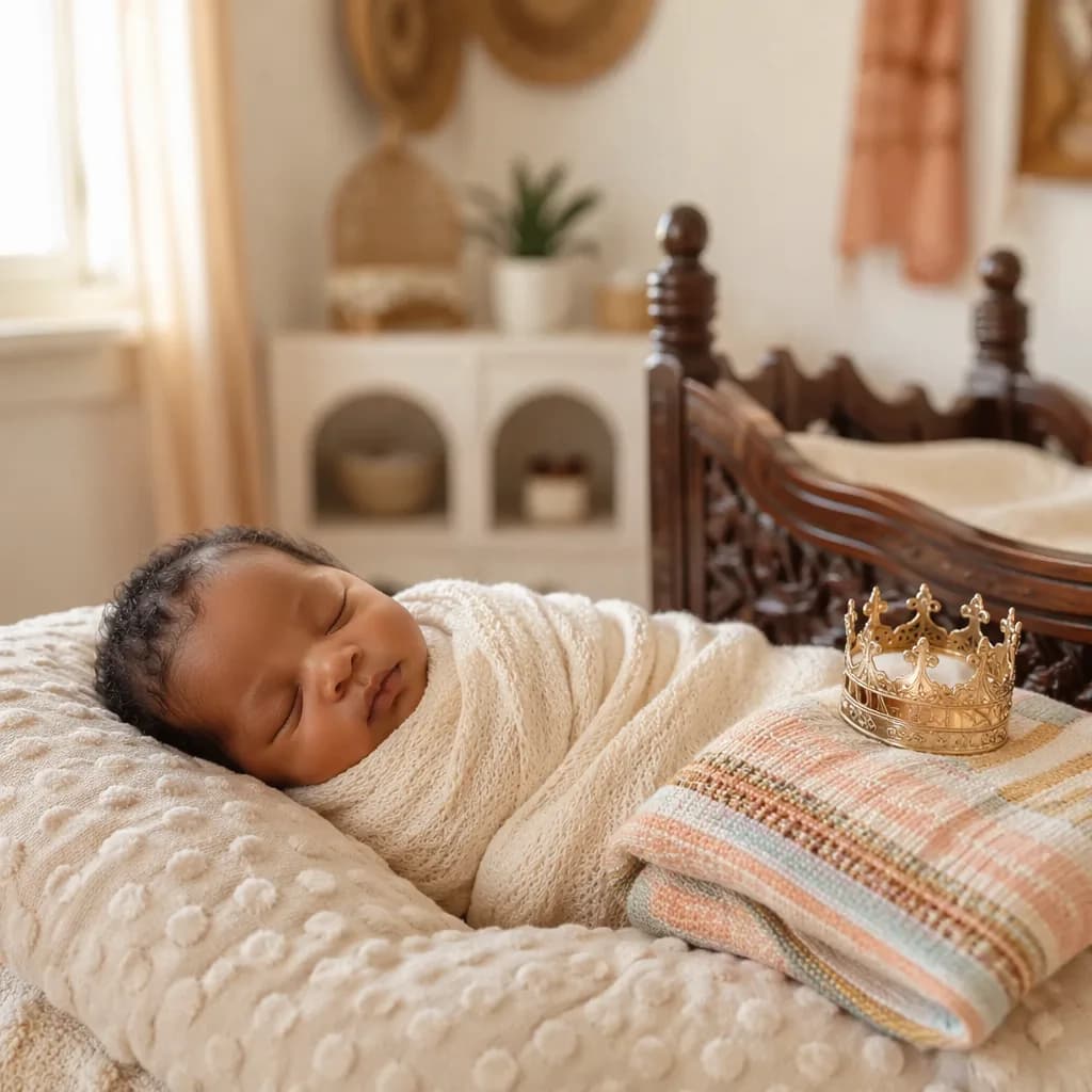 Peaceful swaddled baby in a warm Yoruba-inspired nursery with soft pastel decor.